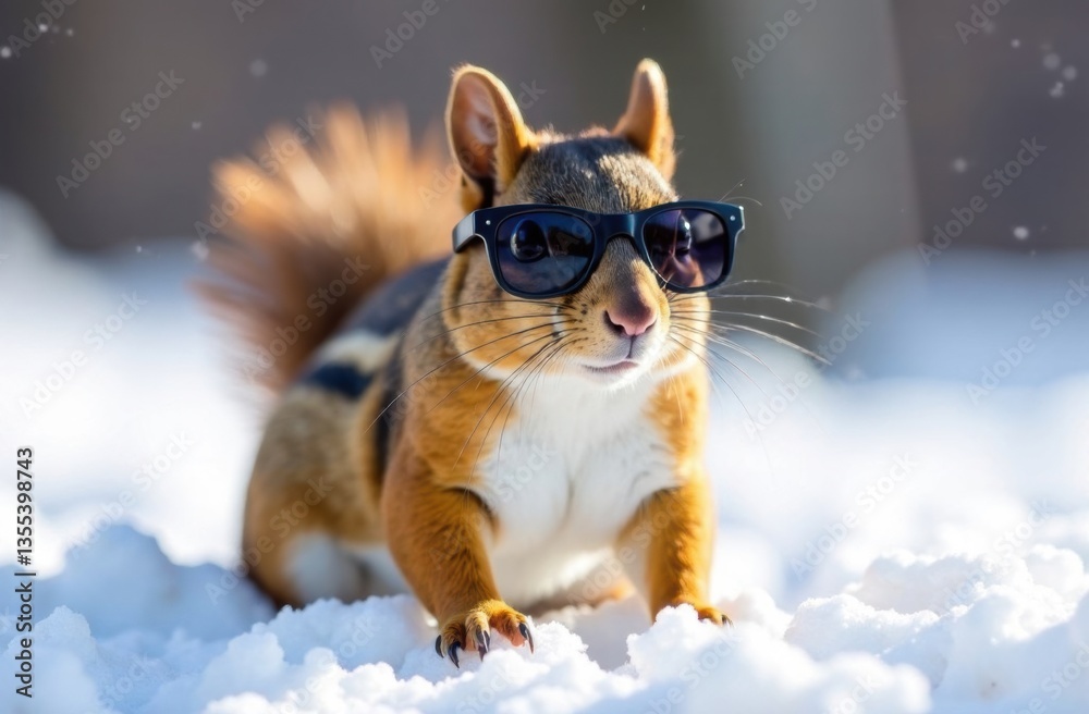 Obraz premium Squirrel wearing sunglasses enjoying winter in the snow 