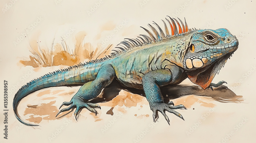 Naklejka premium Iguana lizard reptile isolated vector illustration.