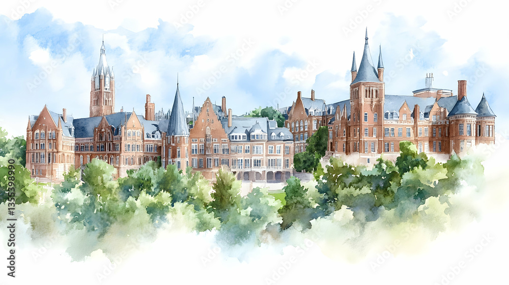 Obraz premium Collegiate campus, summer day, scenic view, educational setting