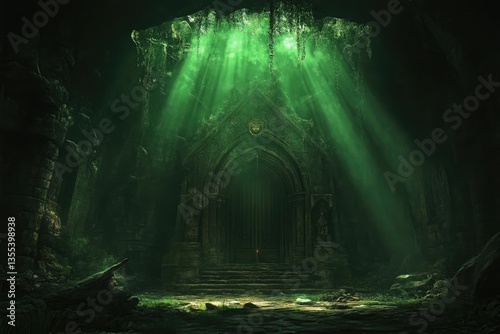 Ancient, mystical cavern bathed in emerald light.  A hidden, overgrown doorway beckons