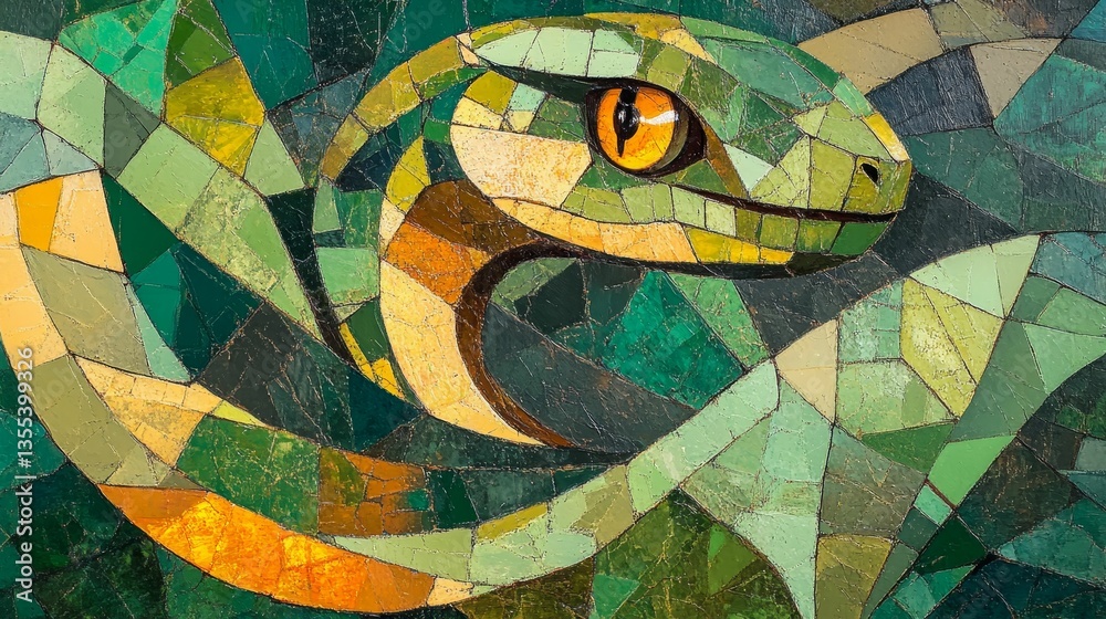 Fototapeta premium Mosaic snake slithers through emerald jungle hues