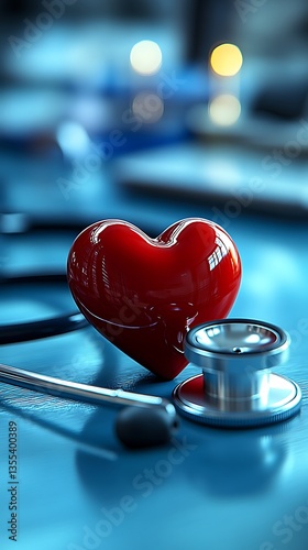 A red heart lies next to a silver stethoscope on blue