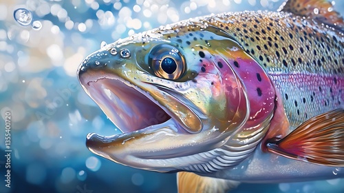Rainbow trout in vibrant underwater setting with vivid scales and fins surrounded by bubbles and light reflections