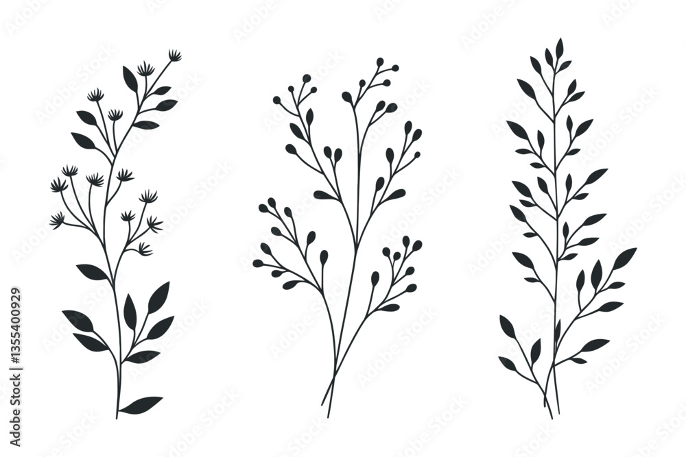 Set of elegant silhouettes of branches and leaves. Thin hand drawn vector botanical elements Set of elegant silhouettes of branches and leaves. Thin hand drawn vector botanical elements