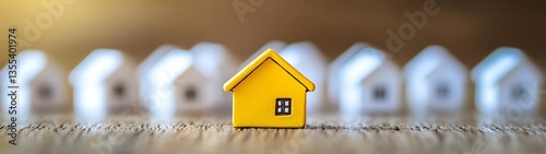 A yellow model house stands out amongst other white ones
