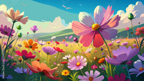 Beautiful field of colorful cosmos flower in a meadow in nature in the rays of sunlight in summer in the spring close-up of a macro. A picturesque colorful artistic image with a soft focus