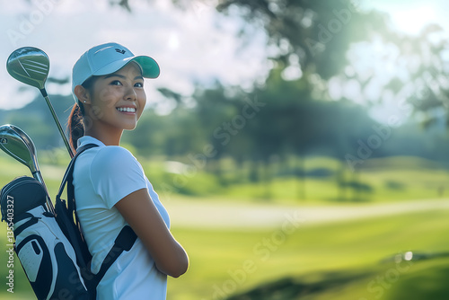 Asian girl with cap playing golf. Copy space