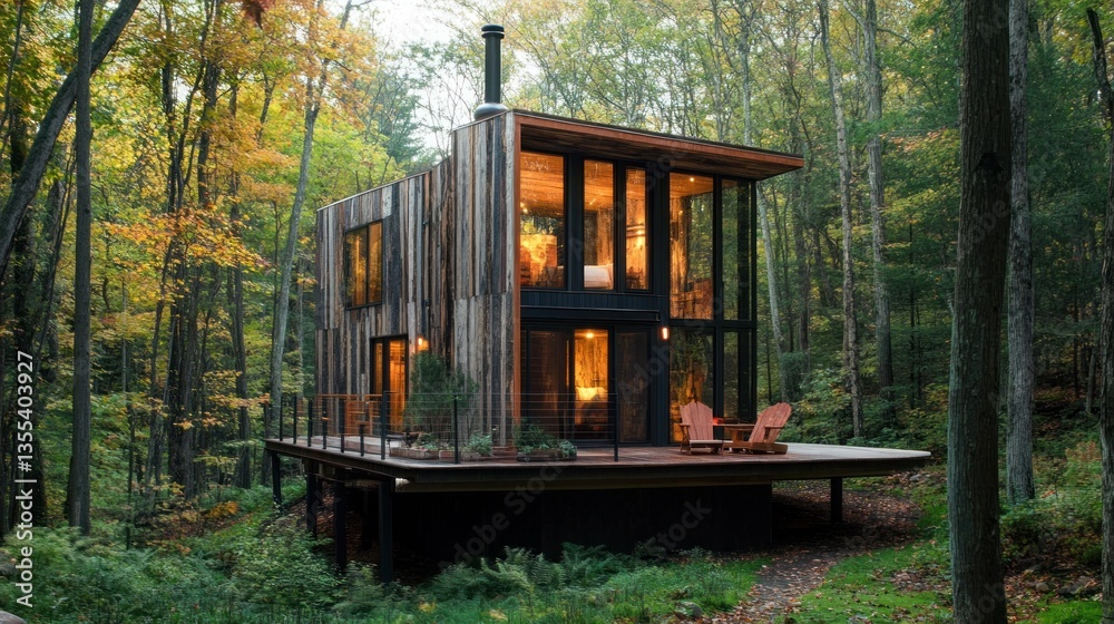 Modern cabin built entirely from reclaimed wood nestled within a tranquil forest scene Modern cabin built entirely from reclaimed wood nestled within a tranquil forest scene