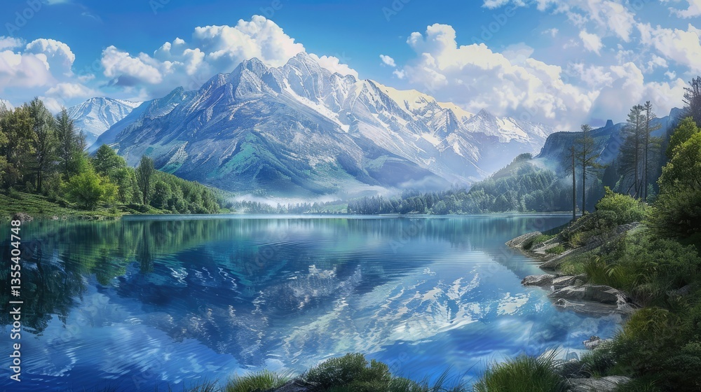 Fototapeta premium A peaceful lake with crystal-clear water reflecting the sky and surrounding mountains, ideal for relaxation and meditation visuals.