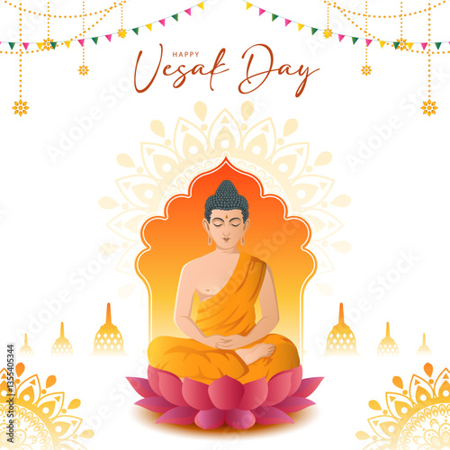 Happy Vesak Day with lord budha and temple background