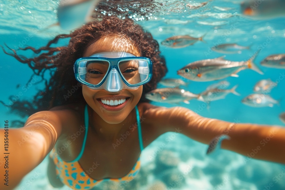 Naklejka premium A dense school of silver fish swims next to her. Seaside leisure and fun. A gorgeous and sexy happy asian young woman with short hair in a swimming mask and fins snorkeling among the corals.
