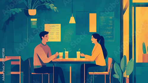 Friends meeting on amicable dinner, people chatting cozy cafe isolated on white, flat vector illustration. Character male female sitting with chat box, design cross gender communication.