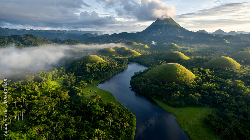Obraz premium Aerial View of Lush Tropical Landscape with Winding River and Misty Mountains at Sunrise