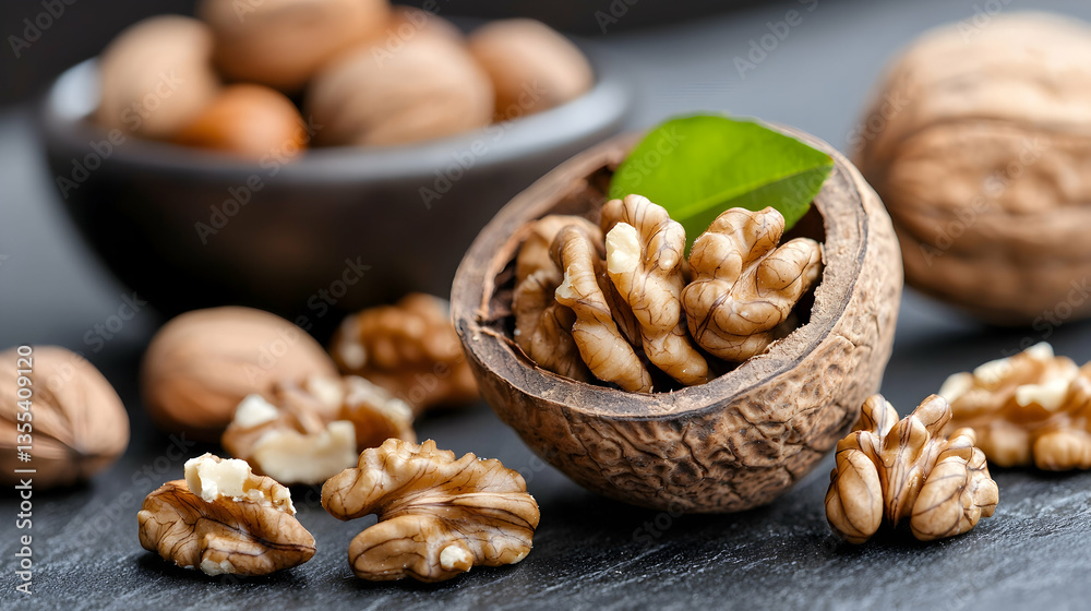 Close Up of Walnuts in Wooden Bowl on Dark Surface Close Up of Walnuts in Wooden Bowl on Dark Surface