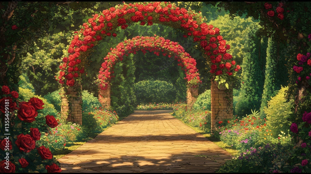 Fototapeta premium Pathway Through a Rose Garden with Arches, Lush Flowers and Trees