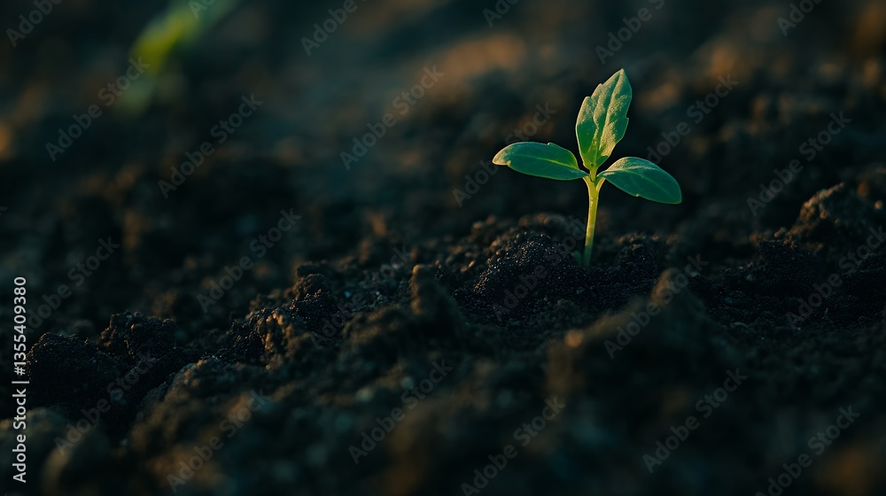 Naklejka premium Young Plant Sprout Emerging From Dark Soil in Natural Light