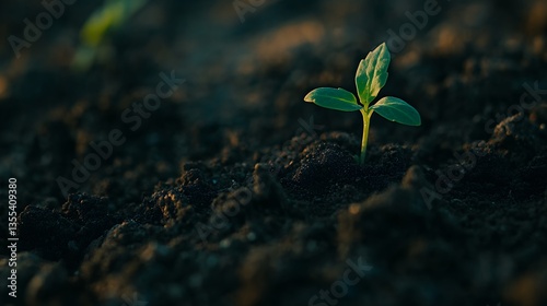 Young Plant Sprout Emerging From Dark Soil in Natural Light