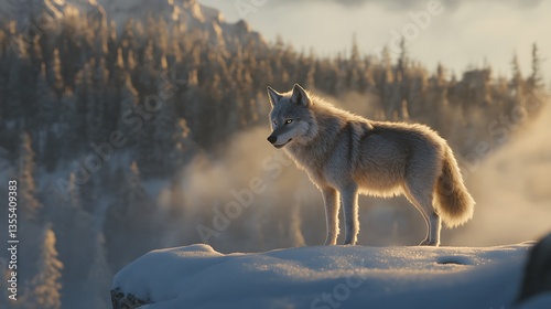 Majestic Wolf on Snowy Cliff in Misty Winter Forest Illuminated by Golden Sunrise photo