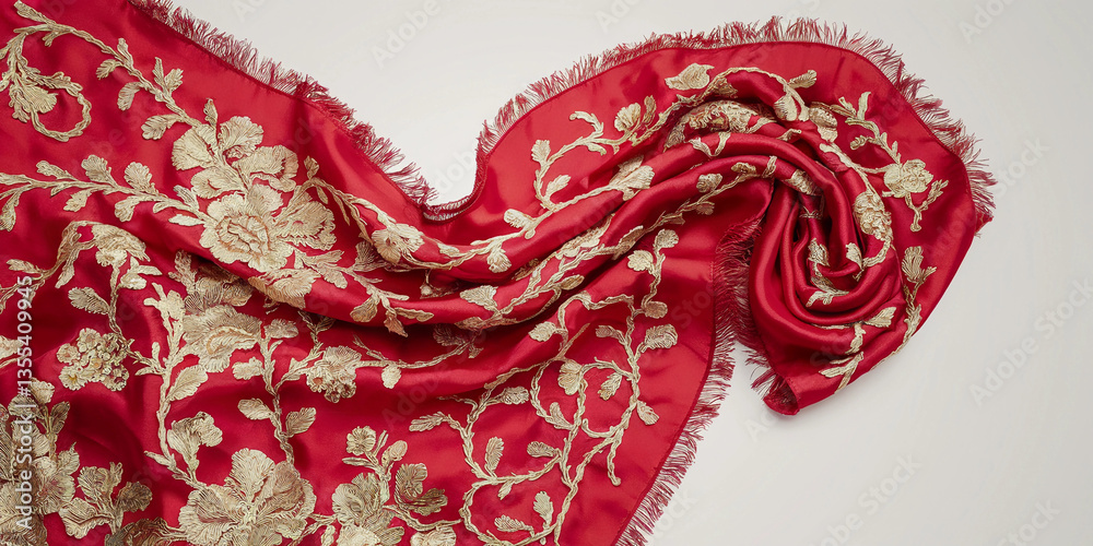 Obraz premium Crimson fabric adorned with golden floral embroidery, draped gracefully on a plain surface, showcasing texture.