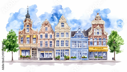 Colorful canal houses, Dutch street scene, summer sky, travel postcard