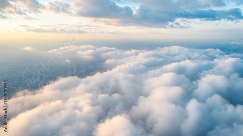Aerial View of Billowing Clouds Over a Cityscape at Dusk : Generative AI