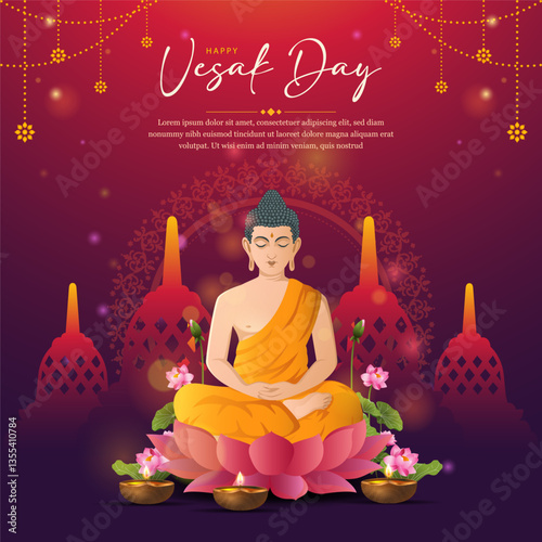 Happy Vesak Day with lord budha and temple ornament background. with gradient color concept for banner, greeting card, cover
