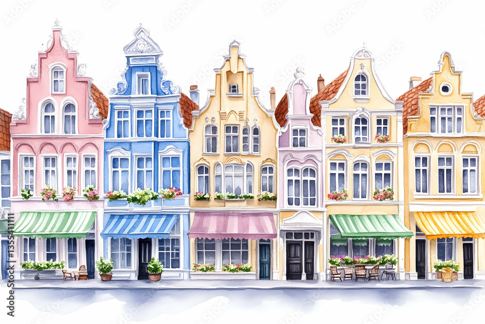 Naklejka premium Colorful houses, canal-side street, charming town, tourist destination, travel brochure