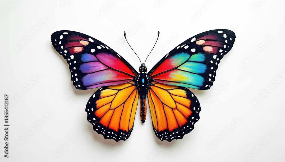 Obraz premium Colorful butterfly isolated on white backdrop. Bright wings of insect feature multiple vivid colours including red, yellow, blue. Spring, summer design. Nature beauty in detail. Macro photo of
