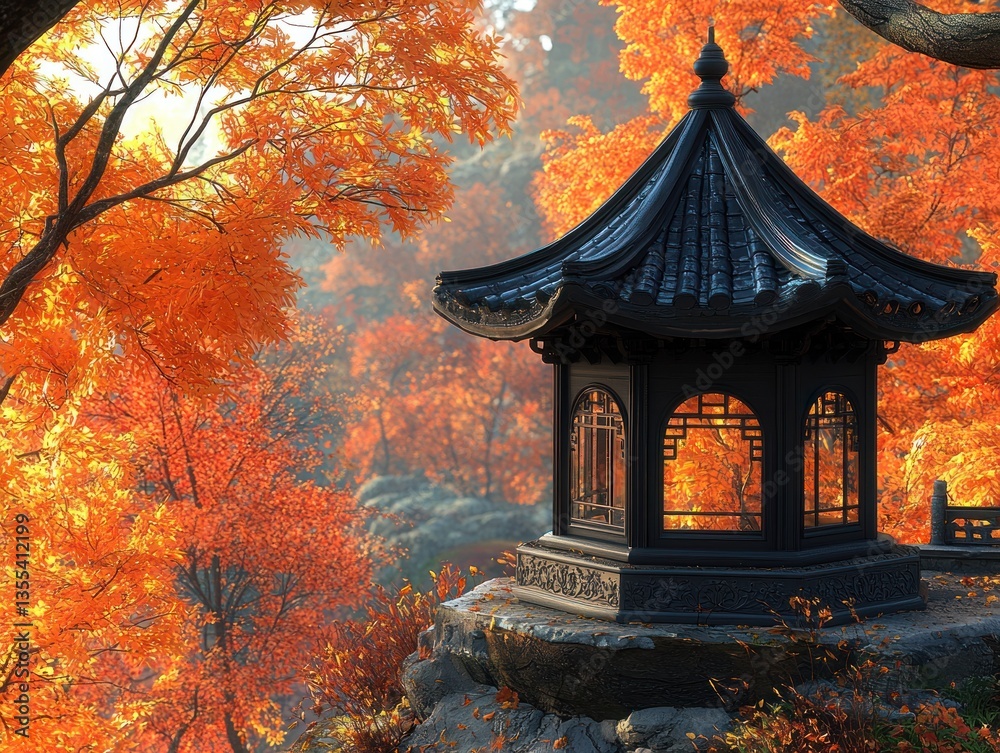 Autumnal scene with an ornate gazebo nestled amidst vibrant foliage Autumnal scene with an ornate gazebo nestled amidst vibrant foliage