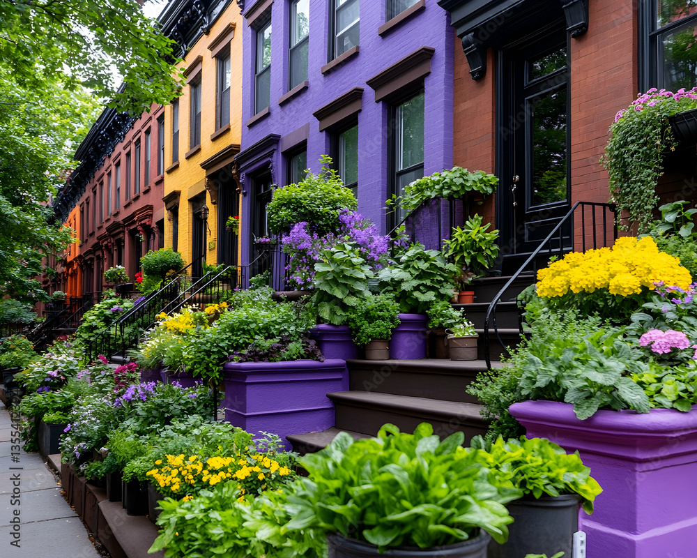 Naklejka premium Colorful Row Houses, Blooming Gardens