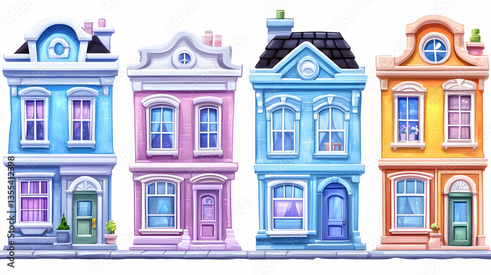 Fototapeta premium Colorful row houses, city street scene, illustration, children's book