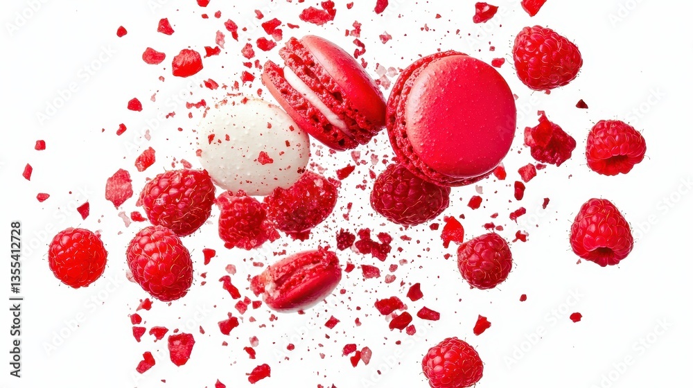 Fototapeta premium Raspberry macarons explosion with sweet treat levitation.