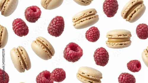 Falling Macarons and Raspberries on White Background.