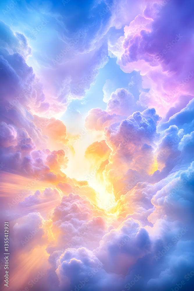 Fototapeta premium Colorful sunset cloudscape, heavenly light, peaceful sky, nature background, spiritual imagery