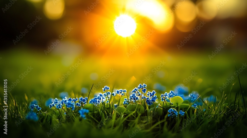Fototapeta premium Peaceful meadow filled with bright blue forget me not flowers gently illuminated by golden morning light