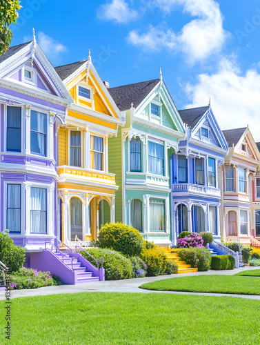 Colorful Victorian Homes, Sunny Day, San Francisco