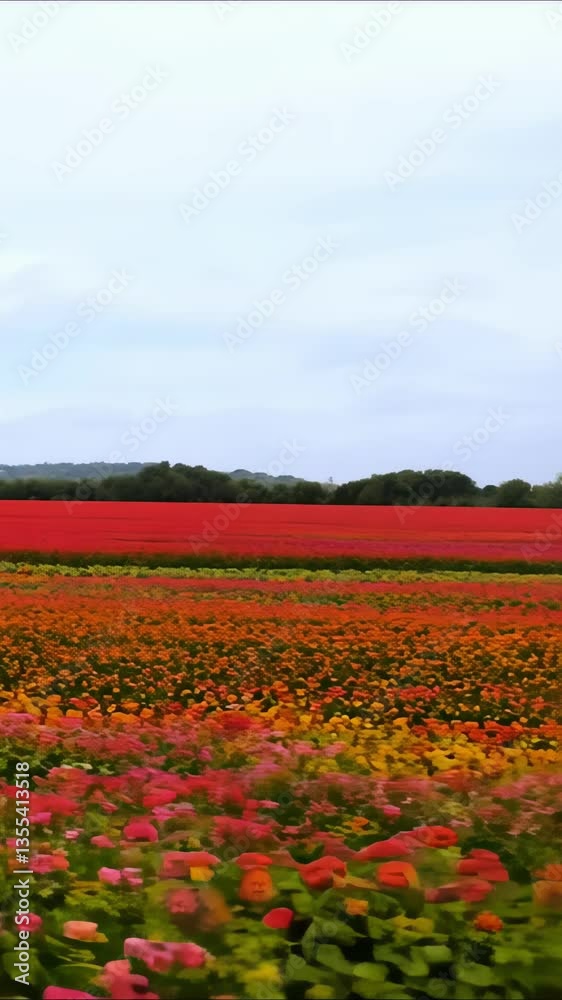 Vibrant rows of multicolored flowers in bloom on overcast day. concept of meadow, natural beauty, floral abundance, serene landscapes. Vertical Vibrant rows of multicolored flowers in bloom on overcast day. concept of meadow, natural beauty, floral abundance, serene landscapes. Vertical