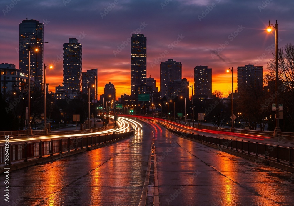 Obraz premium Urban skyline at sunset with reflective wet road 