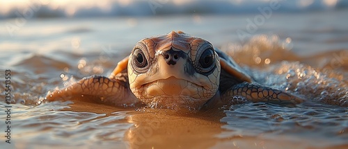 Baby sea turtle entering ocean at sunset.  Golden hour light illuminates the scene