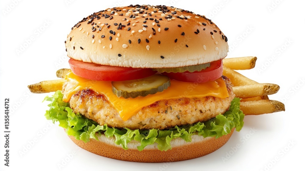 chicken patty top with cheese on brioche bun served with french fries and pickle chicken patty top with cheese on brioche bun served with french fries and pickle