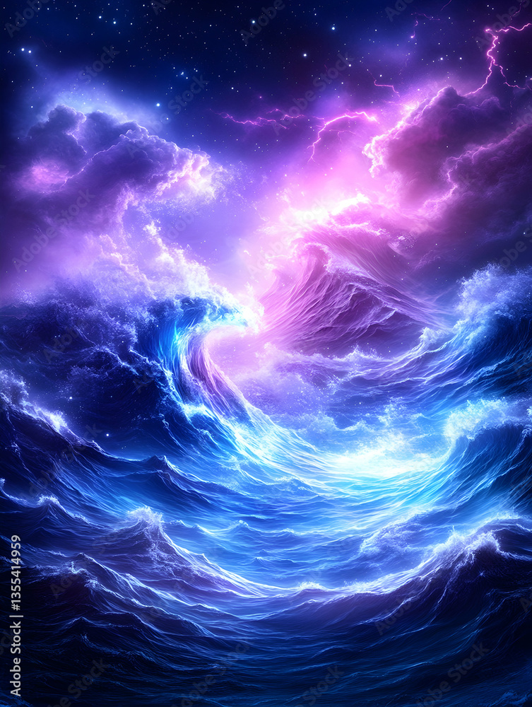 Obraz premium Cosmic ocean wave, vibrant nebula, starry sky, fantasy art, game design