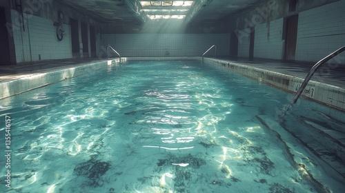 Abandoned indoor pool, decaying building, light rays, eerie atmosphere