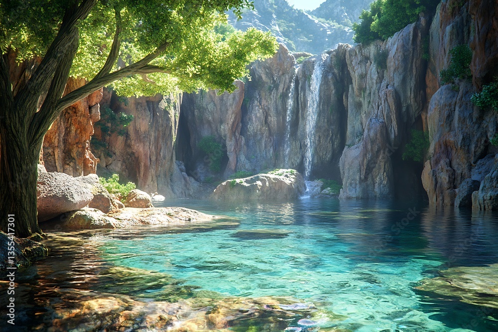 Naklejka premium A serene waterfall cascading into a clear pool surrounded by lush greenery and rocky cliffs.