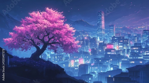 Pink Sakura Overlooking Neon Cityscape at Night.