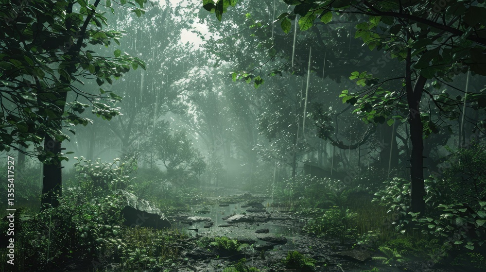 Fototapeta premium A foggy rainforest with raindrops on lush green leaves, capturing the essence of nature’s tranquility 