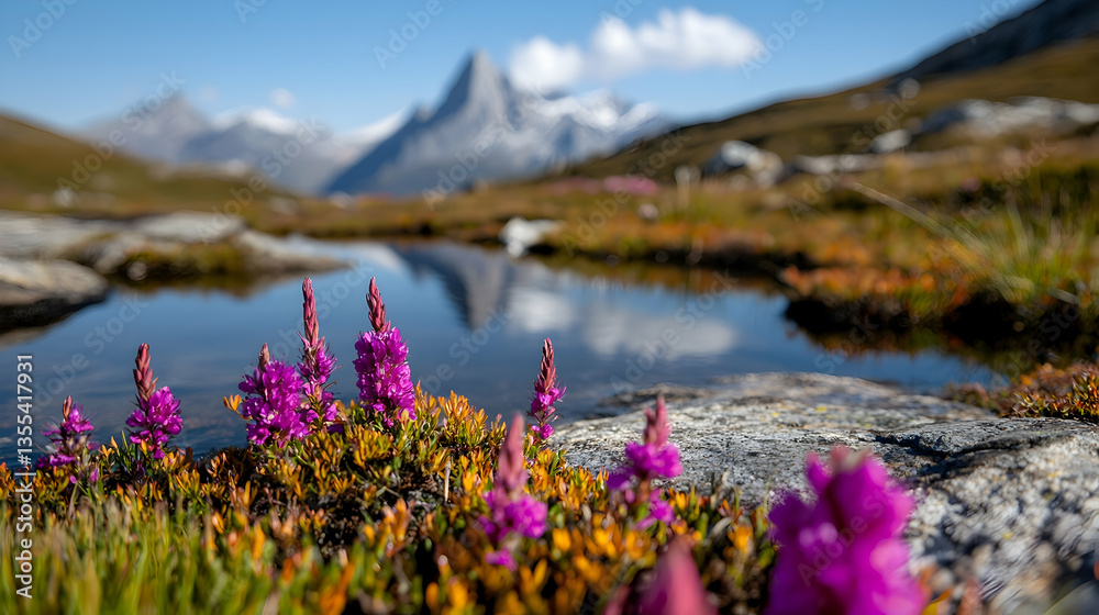 Fototapeta premium Alpine Flowers Reflecting in Mountain Lake