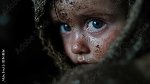 A child's face, covered in dirt and debris, conveying a sense of vulnerability and distress.  Dark and dramatic lighting highlights the child's forlorn expression