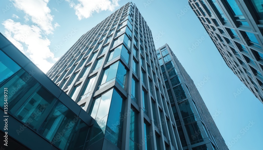 Modern building skyscraper glass facades, urban architecture, symbol of success. Contemporary corporate structure, office windows reflect blue sky, clouds, construction exterior. Modern building skyscraper glass facades, urban architecture, symbol of success. Contemporary corporate structure, office windows reflect blue sky, clouds, construction exterior.