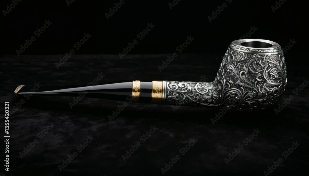 Naklejka premium Elegant Engraved Tobacco Pipe on Black Surface Detailed Luxury Design