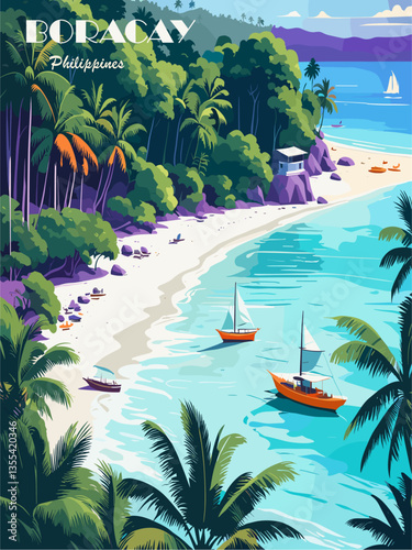 Boracay, Philippines travel destination poster in retro style. Colorful seascape vector art illustration